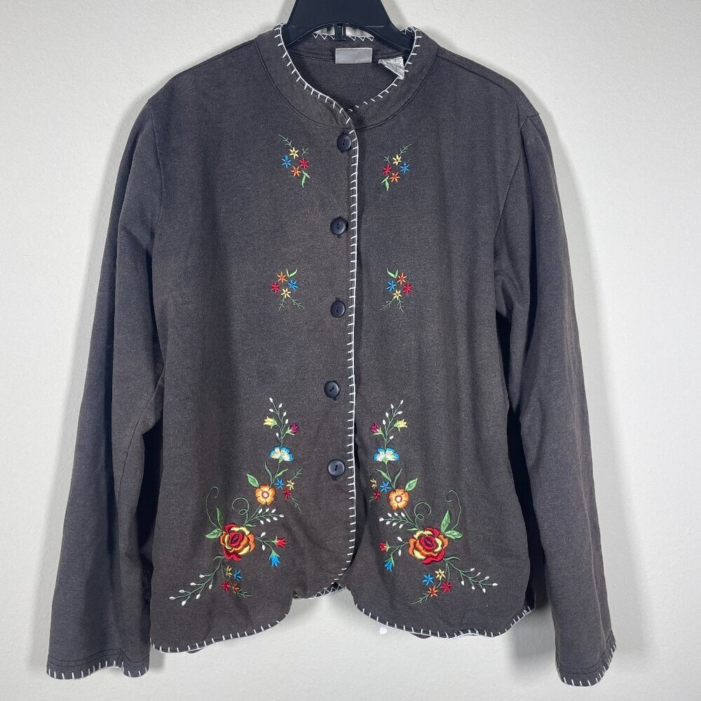 Erika Women's Vintage Brown Floral Embroidered Button-Up Cardigan Medium